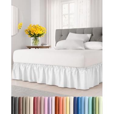 Imagem de Saia para cama com babados e poeira - branca - para camas king size com caimento de 35 cm - alça elástica de ajuste fácil - Saia de cama plissada ajustável com tecido escovado, sem rugas e