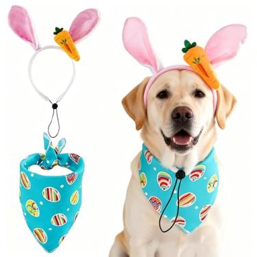 Imagem de JAAQUCD Fantasia de páscoa para cães, orelhas de coelho, faixa de cabeça e bandanas de ovo, conjunto de bandanas para filhotes, roupas para cães pequenos, médios e grandes (azul, grande)