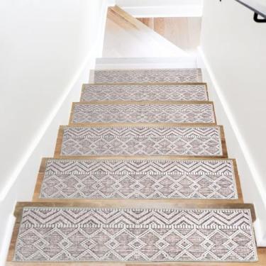 Imagem de Tapete de escada para degraus de madeira para ambientes internos bege cinza antiderrapante tapete de escada reutilizável escada degraus bordas tapetes de escada corredor para crianças e animais de