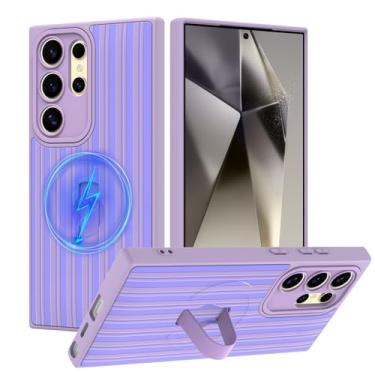 Imagem de tharlet Capa compatível com Samsung Galaxy S24 Ultra com alça de dedo, compatível com MagSafe, estampa listrada fofa para mulheres e meninas, capa protetora antiarranhões para Galaxy S24 Ultra, roxa