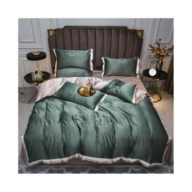 Imagem de Conjunto de cama King Queen de cetim de luxo de cor pura, 4 peças, capa de edredom de rayon sedoso macio com zíper (verde pinho, tamanho Queen 4 peças)