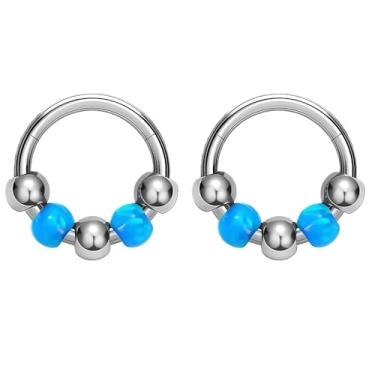 Imagem de 2 peças 16G opala contas nariz anel G23 titânio articulado clicker septo anel hélice cartilagem brincos argola para mulheres homens piercing joias (2 peças opala azul, diâmetro interno: 3/8" (10 mm))