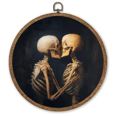 Imagem de WMSYUO Arte de parede redonda Ghost Café, 25 x 25 cm, Dark Academia Cottagecore Halloween, livraria aconchegante e arte de café para decoração de casa ou sala de leitura no outono (esqueleto cinza)