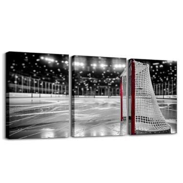 Imagem de Feelyou 3 peças de arte de parede emoldurada de hóquei no gelo para sala de estar, jogos esportivos, decorações de parede para quarto, bola, escritório, decoração de parede, pintura de parede de