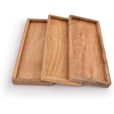 Imagem de Bhavatu Bandeja de servir, conjunto de 3 travessas de madeira natural para lanches, bebidas e decoração, pratos de madeira para entretenimento e organização doméstica (30,5 x 12,7 x 1,9 cm)