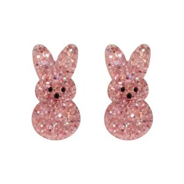 Imagem de ROSTIVO Brincos de coelho rosa com glitter para mulheres, joias exclusivas de acrílico para doces de Páscoa para primavera, celebrações de férias e brunch