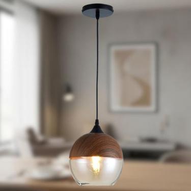 Imagem de Lustre Pendente Wood Ball Vidro Âmbar e Aço cor Madeira 23cm - Viena L