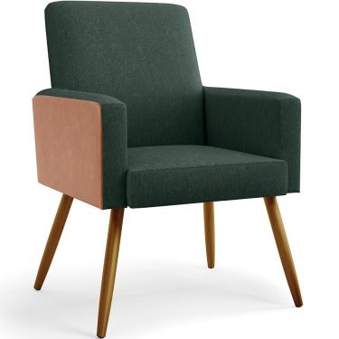 Imagem de Poltrona Decorativa Maria W01 Pés Palito Linho Verde Musgo Couríssimo Camel - Lyam Decor