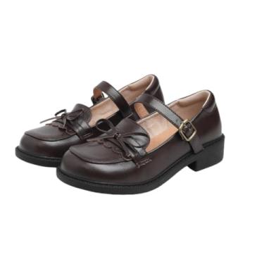 Imagem de Sapato social clássico Mary Jane Flats uniforme escolar, couro macio com detalhe de laço, alça de fivela, salto baixo, Marrom, 36 BR
