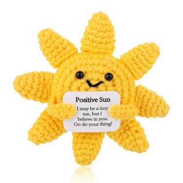 Imagem de Sol de crochê positivo engraçado, boneca de crochê inspiradora feita à mão, apoio emocional, sol positivo com cartão, malha fofa para aniversário, formatura, decoração de festa em casa