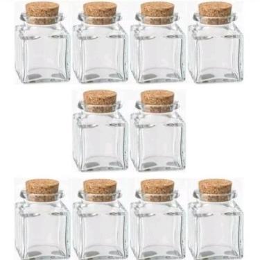 Imagem de 10 Potes Frascos de Vidro Quadrado com Tampa de Rolha Cortiça 50ml Lem