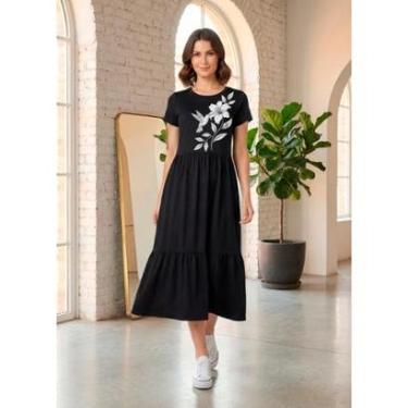 Imagem de Vestido Midi Três Marias Feminino Aveloz Estampa Beija Flor Preto-Feminino