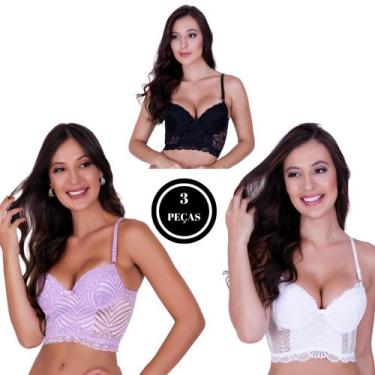 Imagem de Kit 3 Cropped de Renda Sutiã com Bojo -c11 KIT 3 SUTIÃ LUDMILA LILÁS P