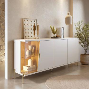 Imagem de Balcão Buffet 4 Portas Sena Pés de Metal com Vidro e Led Off White Matte Freijó Colibri