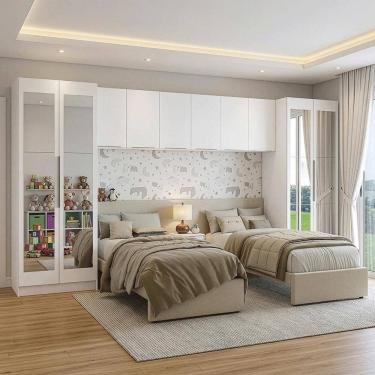 Imagem de Quarto Infantil com 2 Guarda-Roupas com Espelhos Neo 3 Aéreos 1 Mesa de Cabeceira Branc...
