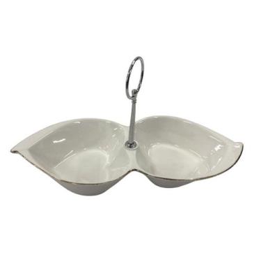 Imagem de Petisqueira De Porcelana Branca Com Borda Dourada 2 Divisórias Bela Fl