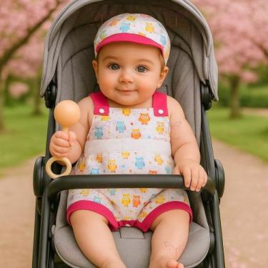 Imagem de Conjunto Macacão + Boné Bebê Menina Jardineira Fofa Estampada Curto Ca