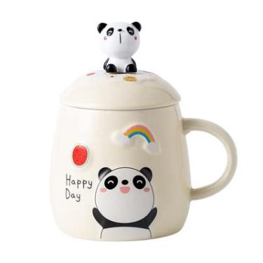 Imagem de seelucky Caneca infantil com colher menina panda copo de leite de cerâmica menina caneca de café de morango caneca de desenho animado xícara de chá arco-íris presente de aniversário (feliz dia panda amarelo)