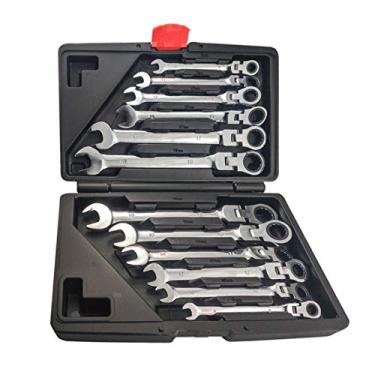 Imagem de HIOD Conjunto de combinação de chave catraca flexível reversível 12 peças 8-19 mm Metric Dual Use catraca Ferramenta de chave aberta, incluindo caixa de armazenamento
