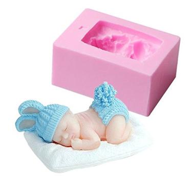 Imagem de MoldFun Molde de silicone para chá de bebê dormindo 3D com almofada para sabonete de bebê, para fondant, decoração de topo de bolo, barra de loção, chocolate, cera de cera, papel de polímero, argila de fimo