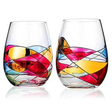 Imagem de Taças de vinho artesanais pintadas à mão sem haste – Conjunto de 2 taças de vitral renascentista – Presente grande e exclusivo de Dia das Mães para ela, mãe, esposa, amigos ou namorada