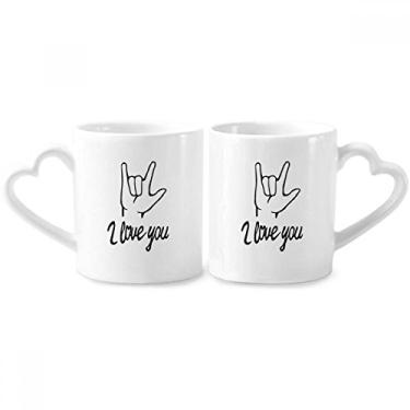 Imagem de Conjunto de canecas de porcelana preta I Love You com gestos personalizados para casais, coração e coração