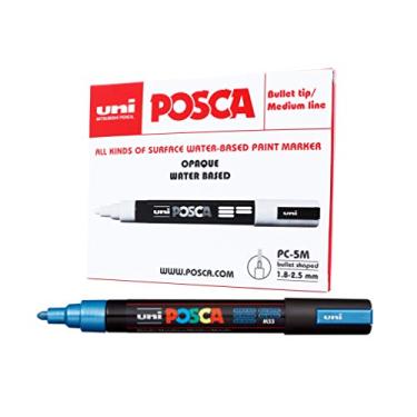 Imagem de POSCA, UNI, Caneta Marcador PC-5M, Ponta Média, traço de 2,5mm a 6,8mm, Azul Metálico, Caixa com 6 Unidades