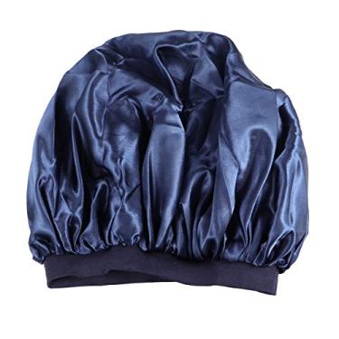 Imagem de Beaupretty Boné de dormir da moda em cor sólida flor de cetim estampado boné de dormir elástico de aba larga para suprimentos de salão de casa (azul marinho)