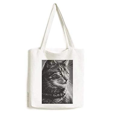 Imagem de Bolsa de lona preta e branca com perfil de gato selvagem bolsa de compras casual