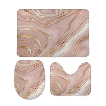Imagem de Top Carpenter Conjunto antiderrapante de 3 peças de tapetes de banheiro com design de mármore rosa com tapete de contorno macio e respingos de ouro + tampa de vaso sanitário + tapete para decoração de banheiro