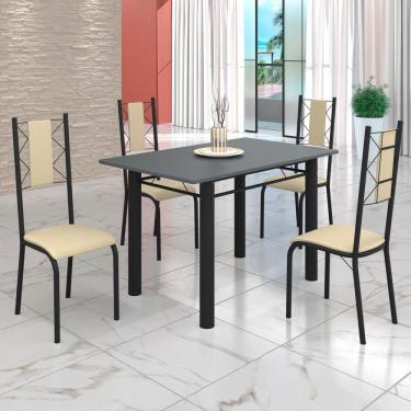Imagem de Conjunto Sala de Jantar Bahia Mesa Tubo 120x75cm Tampo Pedra com 4 Cadeiras Creme/Preto Fosco