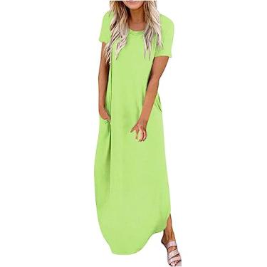 Imagem de Vestido feminino elegante casual cor sólida manga curta gola redonda bainha irregular vestido de férias vestidos femininos, Verde, M