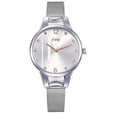 Imagem de Relógio de pulseira analógica inoxidável com pulseira de aço relógio de pulso de quartzo casual feminino relógio de leitura fácil, Branco, One Size