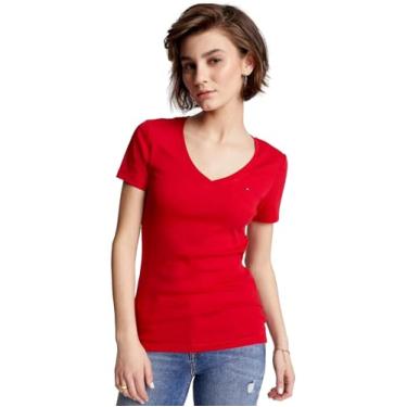 Imagem de Tommy Hilfiger Camiseta feminina com logotipo de cor lisa com gola V, (Coleção 2024) Vermelho primário, G