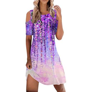 Imagem de UIFLQXX 2023 Vestido de verão feminino manga curta gola redonda cintura praia casual frente única vestido feminino verão, Roxo, GG