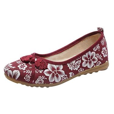 Imagem de Sandália de massagem feminina bordada floral sapatos de pano sapatos de cunha sapatos de trabalho, Vermelho, 35