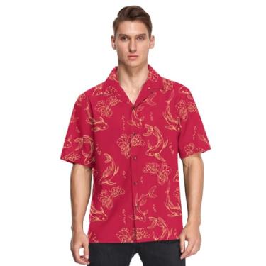 Imagem de Camisa masculina havaiana de botão de manga curta dourada ornamento chinês peixe impressão vermelha camisetas de Playa para Hombres, Peixes dourados com ornamento chinês vermelho, G