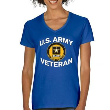 Imagem de Camiseta feminina US Army Veteran Soldier for Life com gola V orgulho militar DD 214 Patriotic Armed Forces Gear Licenciada, Azul, G