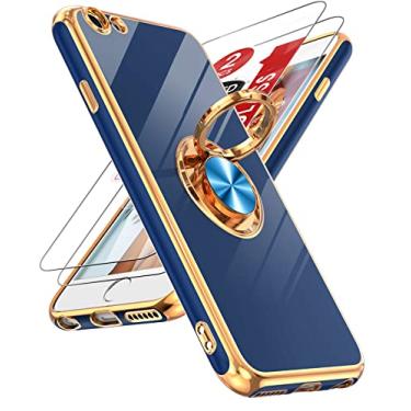 Imagem de LeYi Capa para iPhone 6/6s com película de vidro temperado [2 unidades] suporte magnético giratório de 360°, capa protetora com borda de ouro rosa, azul