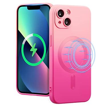 Imagem de UEEBAI Capa magnética para iPhone 13 de 6,1 polegadas, capa bicolor compatível com carregador MagSafe capa transparente com protetor de lente de câmera capa de telefone de silicone macio - rosa e vermelho