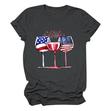 Imagem de Camiseta feminina de verão 4 de julho, dia da independência, mangas curtas, taças de vinho, camiseta gráfica, Cinza escuro, M