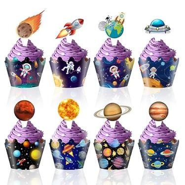 Imagem de 48 peças de enfeite de cupcake de astronauta no espaço, foguete OVNI satélite planeta viagem espaço temático decoração de cupcake para meninos meninas crianças feliz aniversário chá de bebê