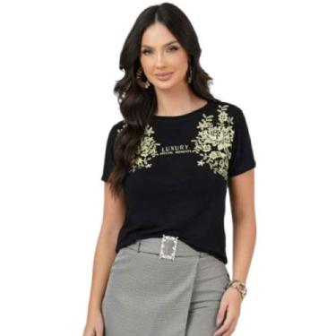 Imagem de Camiseta T-Shirt Blusa Feminina Preta Luxury Com Flores Elegância Tama