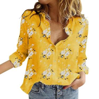 Imagem de Camiseta de linho para mulheres, estampa floral, folgada, manga comprida, caimento solto, camiseta de verão para sair, Amarelo, P