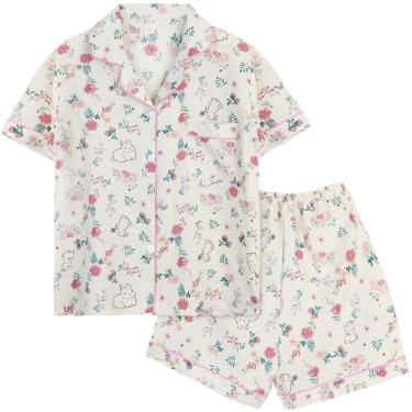 Imagem de Arssm Conjunto de pijama floral feminino bonito Kawaii 2 peças combinando conjunto de pijama estético manga curta para dormir, Coelhinho, M