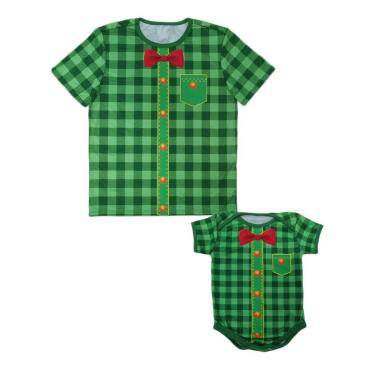 Imagem de Camiseta Adulta e Body de Bebê Tal Pai Tal Filho Festa Junina Xadrez Verde-Masculino