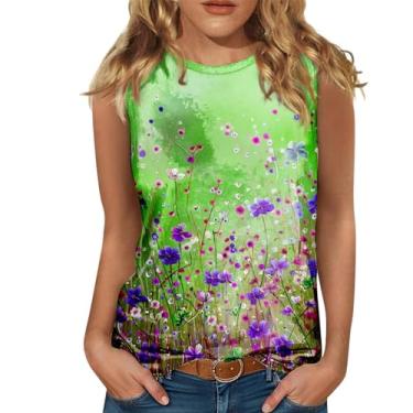Imagem de Camiseta regata feminina com estampa floral, frente única, sem mangas, verão, casual, folgada, túnica, boho, férias, Verde, G
