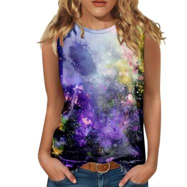 Imagem de Camiseta regata feminina com estampa floral, frente única, sem mangas, verão, casual, folgada, túnica, boho, férias, Roxa, P