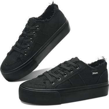 Imagem de Obtaom Tênis feminino de lona plataforma branco confortável para brincar na moda, casual, plataforma elevatória, com cadarços, sapatos bonitos de caminhada de cano baixo para mulheres, Todo preto, 40