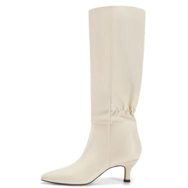 Imagem de Coutgo Botas femininas até o joelho salto gatinho bico fino botas longas com elástico vestido de inverno botas altas, Bege, 37